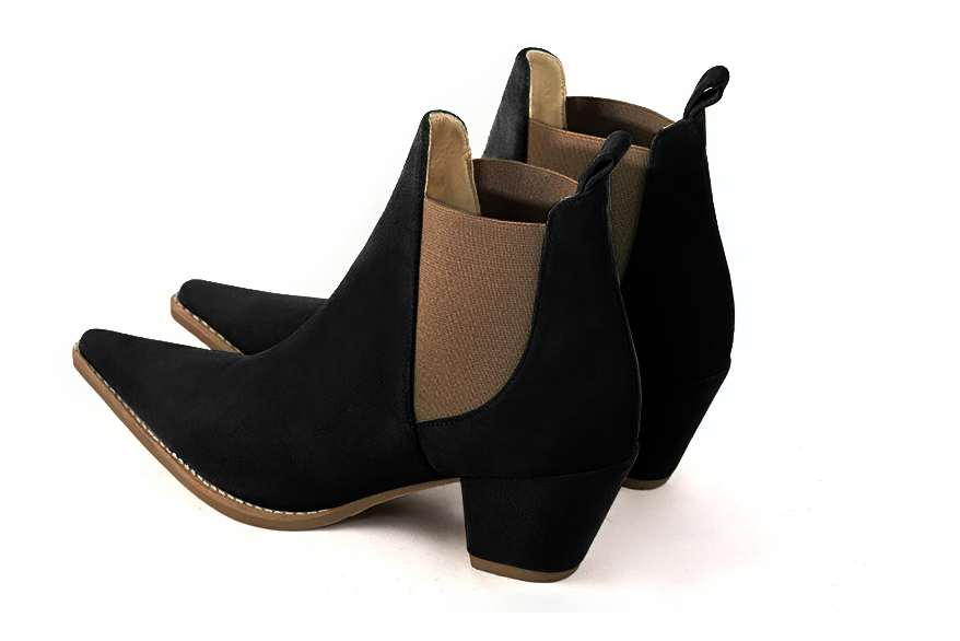Matt black and taupe brown women's ankle boots, with elastics. Pointed toe. Medium cone heels. Rear view - Florence KOOIJMAN